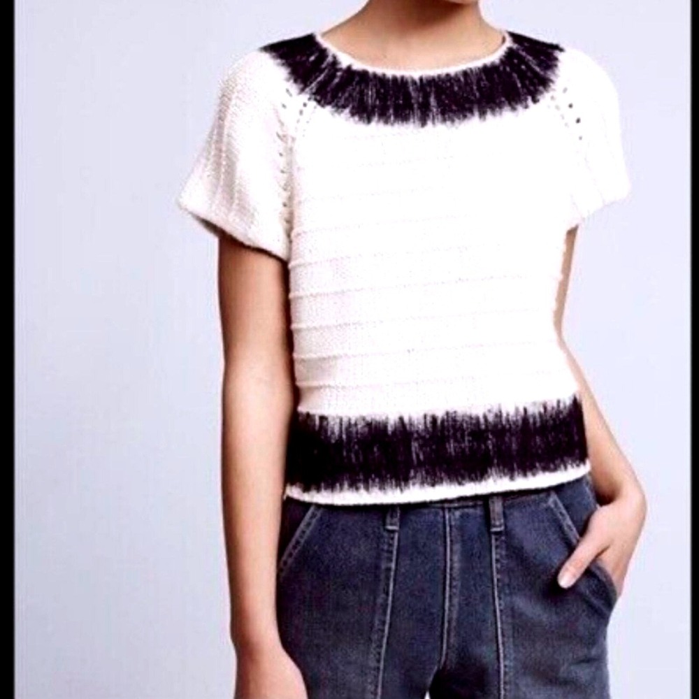 Field Flower Anthropologie Sweater SZM Ivory Navy Short Sleeve Eyelash Knit Good
